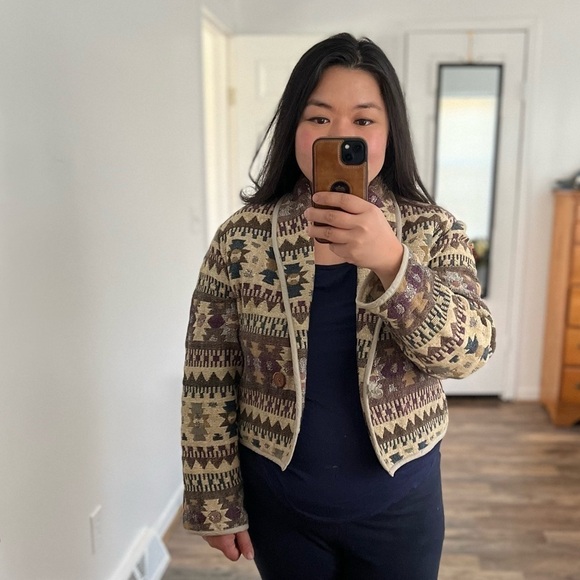 VINTAGE New Direction Cropped Jacket Cotton Aztec Print Small Southwest Boho - Picture 5 of 7